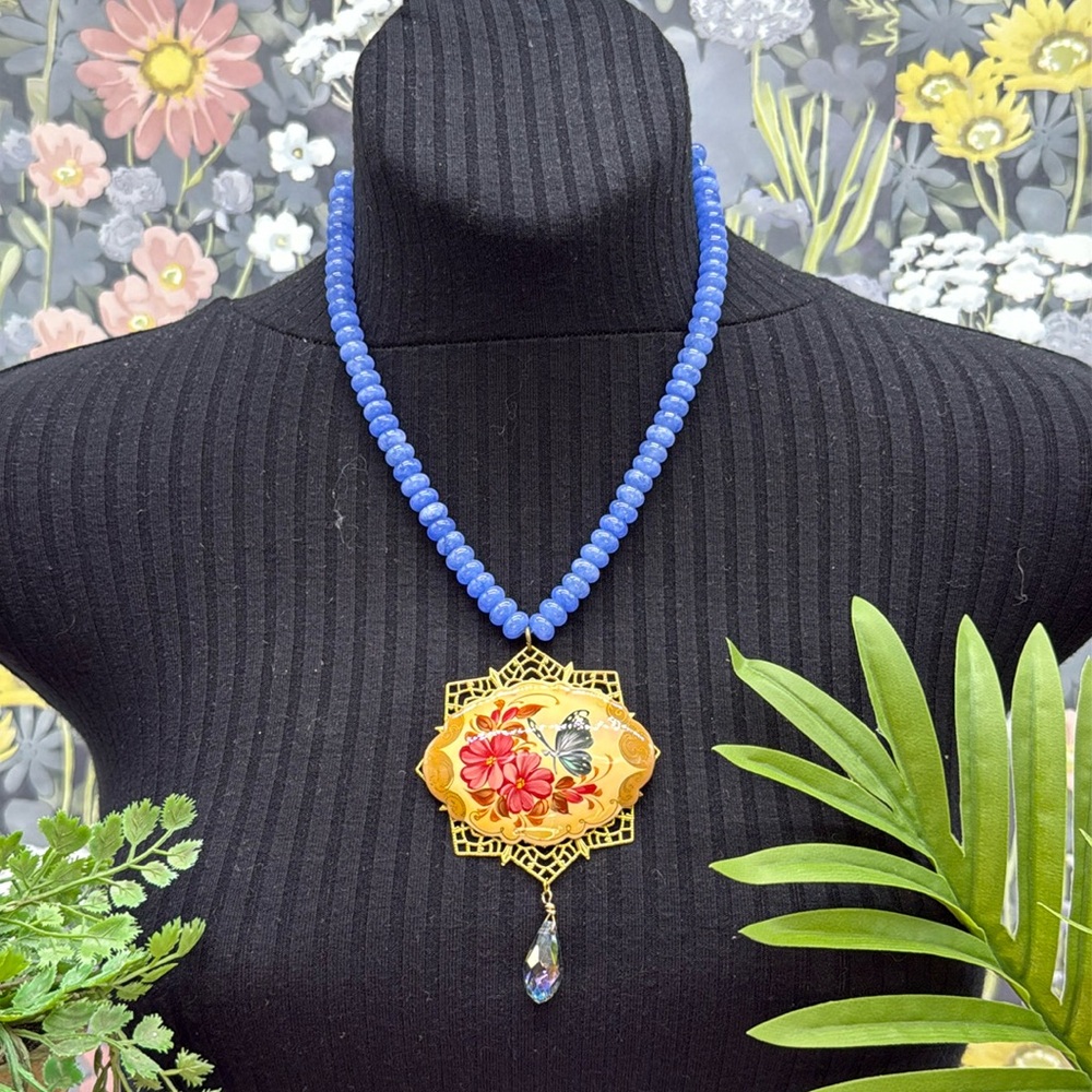 👑Adorned Crown Jewelry assemblage blue quartz painted butterfly necklace